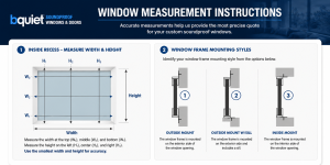 Window measurement instructions for custom soundproof windows, showing how to measure window width and height and identify window frame mounting styles before requesting a quote.